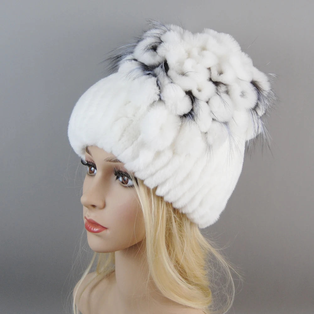 NONECN Luxury Women Rex Rabbit Fox Fur Hat Cap Warm