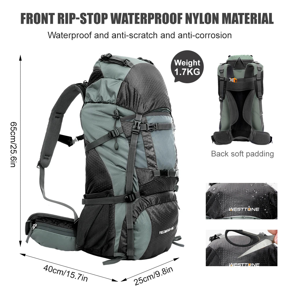 WEST TUNE Internal Frame Hiking Backpack With Rain Cover