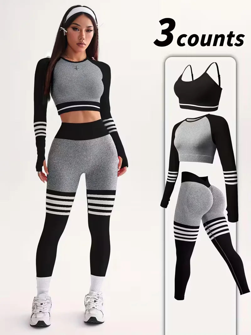 Women's Striped Tracksuit Set Crop Top Leggings Bra
