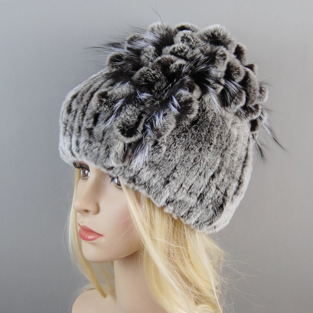 NONECN Luxury Women Rex Rabbit Fox Fur Hat Cap Warm