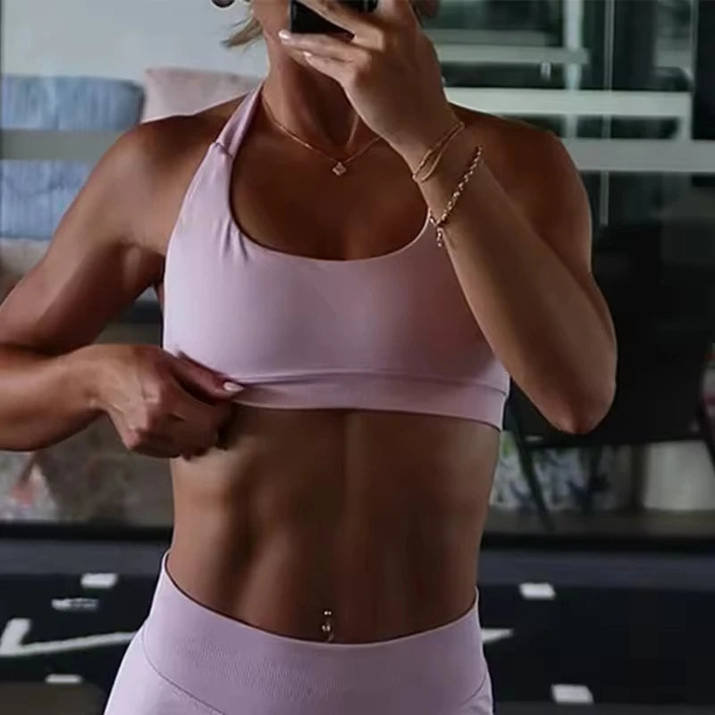 NONECN No Logo Sports Bra Women Neck Strap Seamless OpenBack