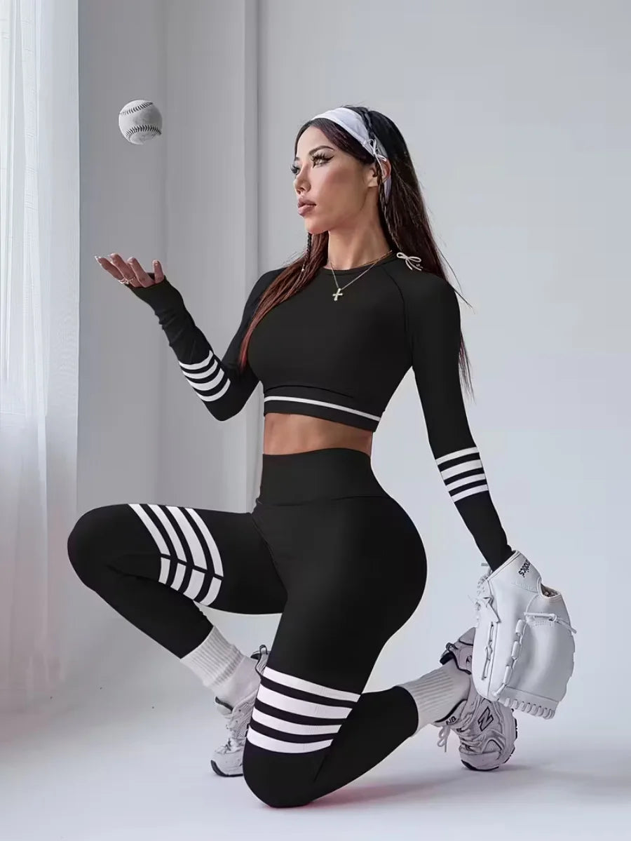 Women's Striped Tracksuit Set Crop Top Leggings Bra