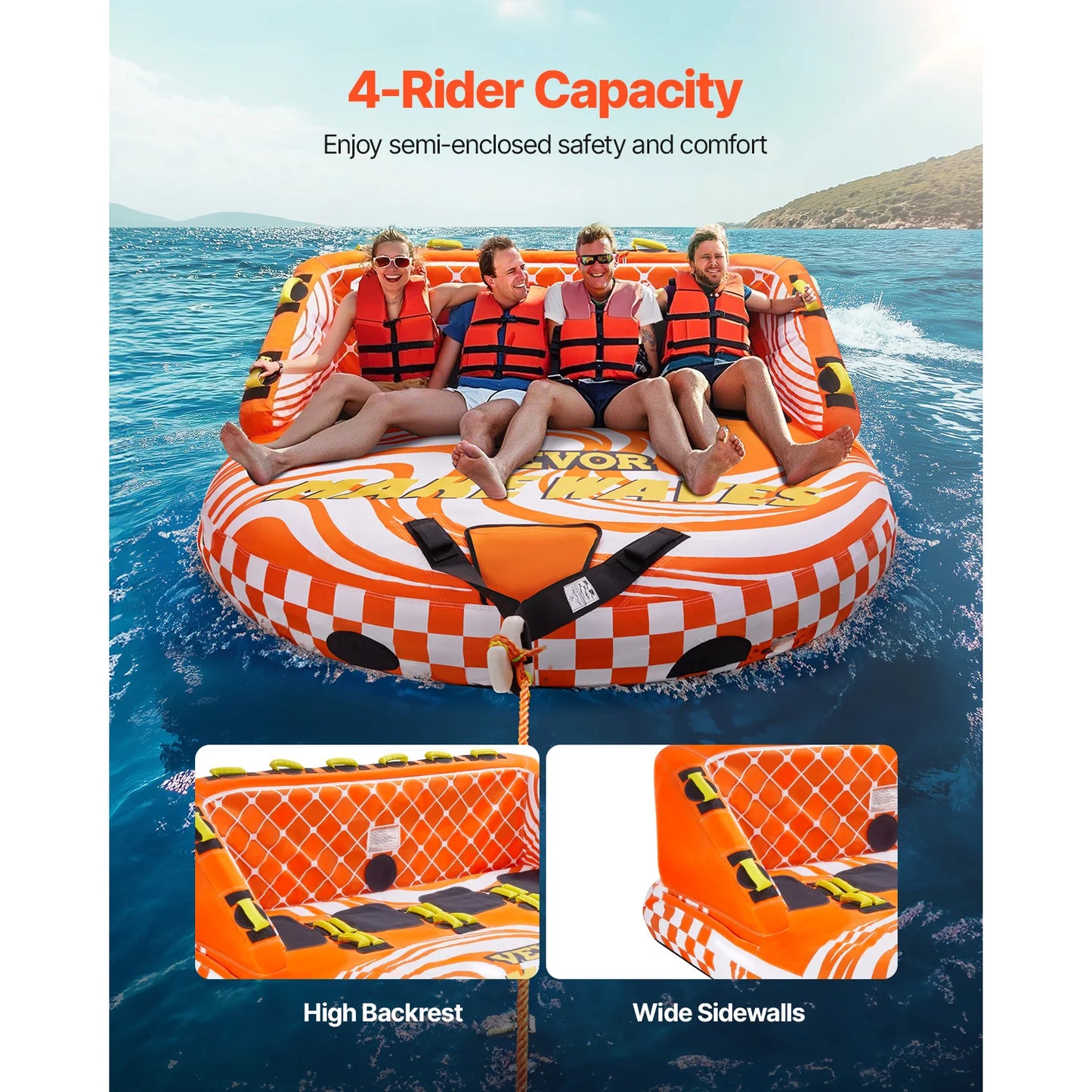 Towable Tube For Boating 4 Riders Water Sports 680lbs