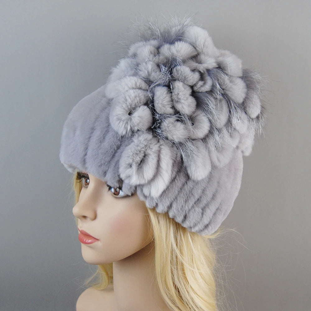 NONECN Luxury Women Rex Rabbit Fox Fur Hat Cap Warm
