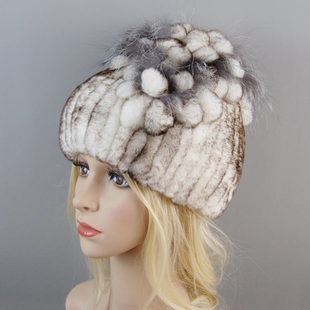 NONECN Luxury Women Rex Rabbit Fox Fur Hat Cap Warm