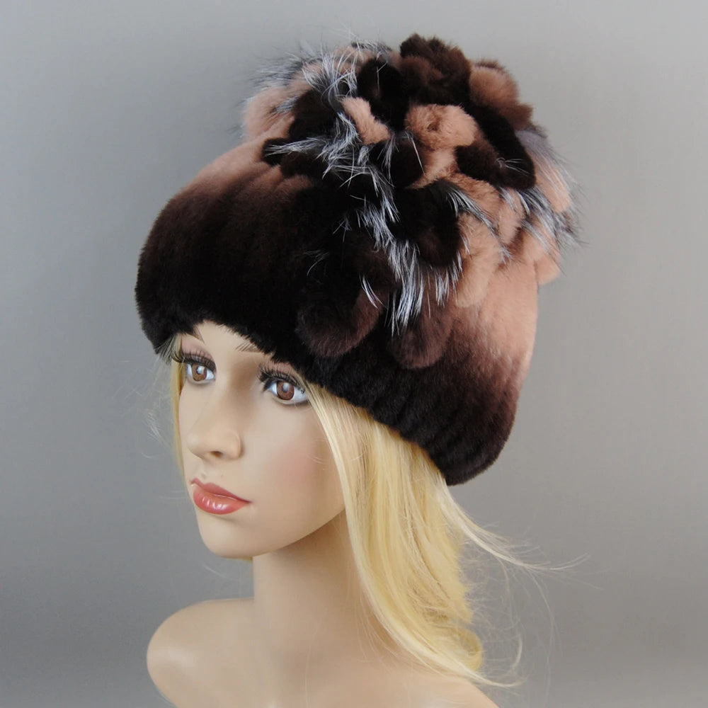 NONECN Luxury Women Rex Rabbit Fox Fur Hat Cap Warm