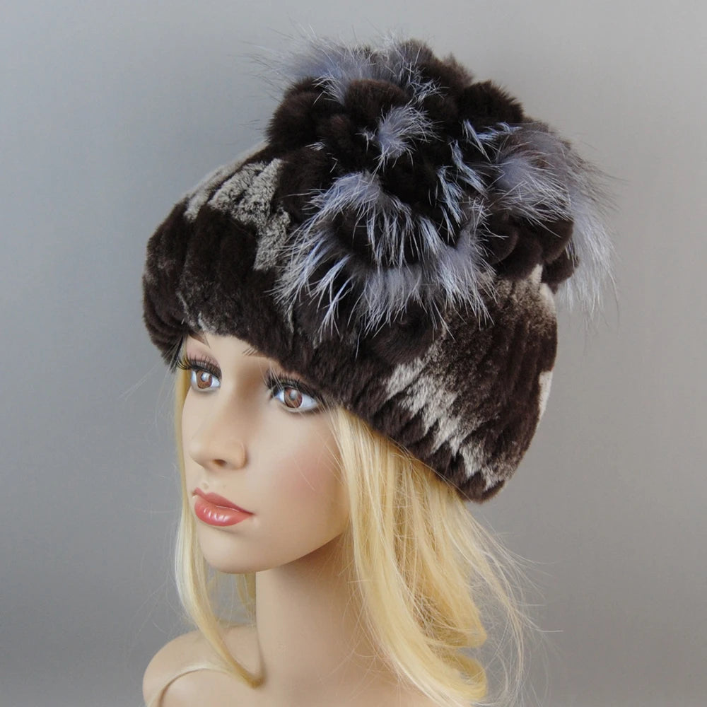 NONECN Luxury Women Rex Rabbit Fox Fur Hat Cap Warm