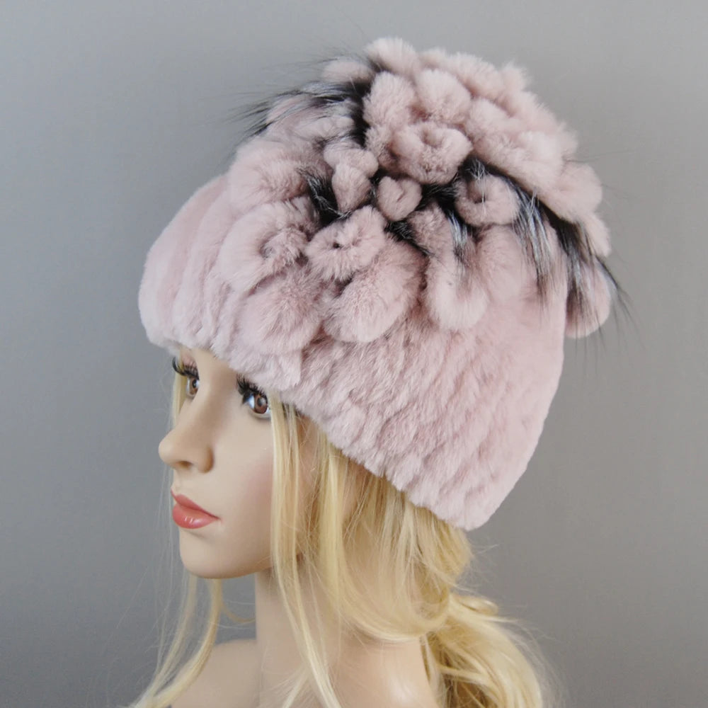 NONECN Luxury Women Rex Rabbit Fox Fur Hat Cap Warm