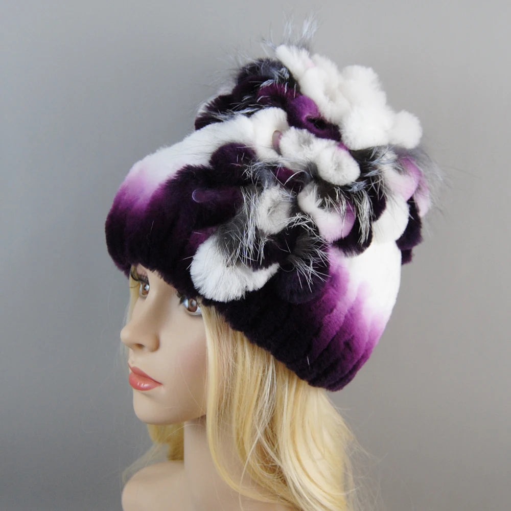 NONECN Luxury Women Rex Rabbit Fox Fur Hat Cap Warm