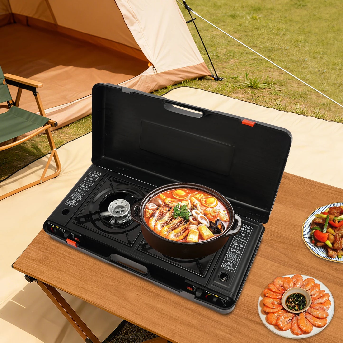 NONED 2 Burner Portable Camping Stove Kit With Baking Pan