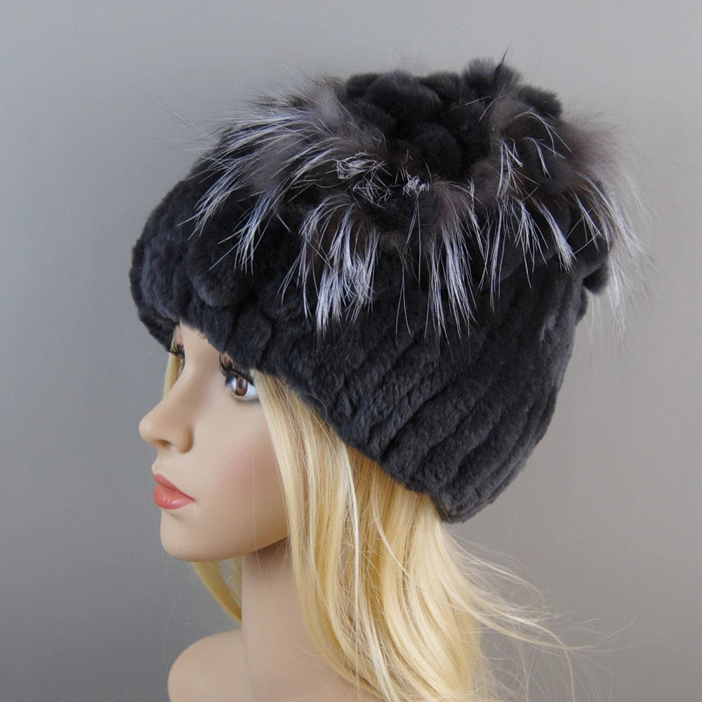NONECN Luxury Women Rex Rabbit Fox Fur Hat Cap Warm