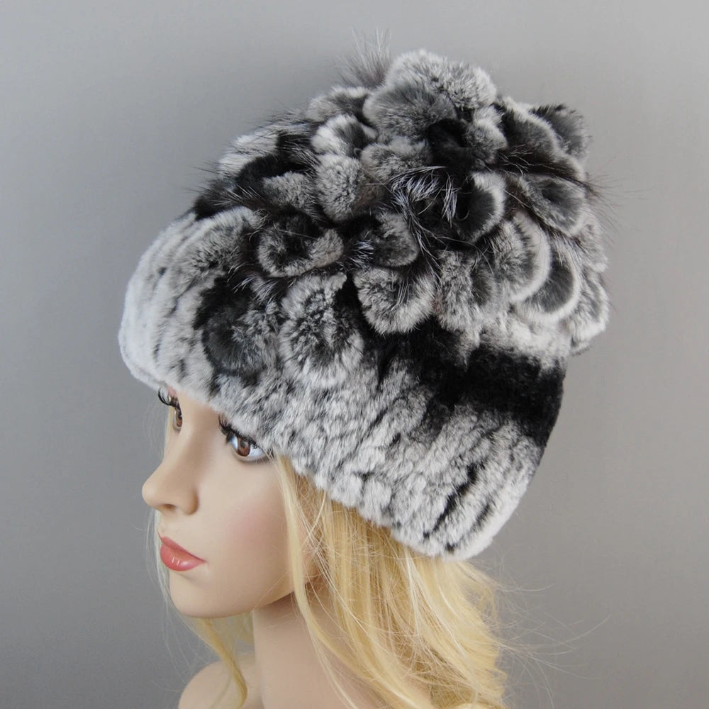NONECN Luxury Women Rex Rabbit Fox Fur Hat Cap Warm