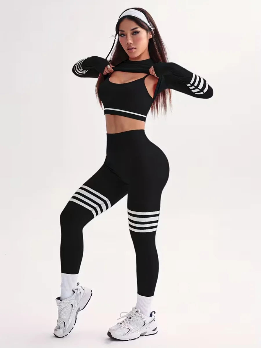 Women's Striped Tracksuit Set Crop Top Leggings Bra