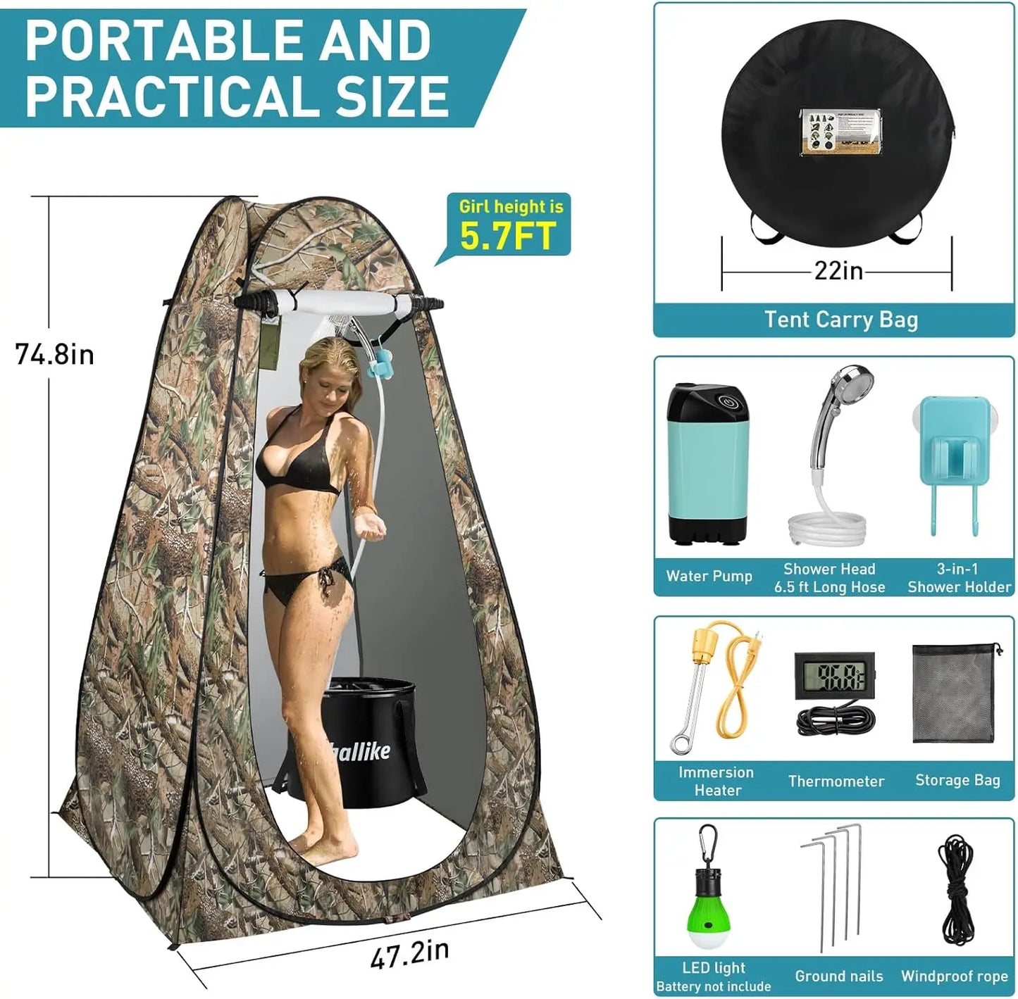 Outdoor Portable Hot Shower Kit With 1000W Heater And Pump