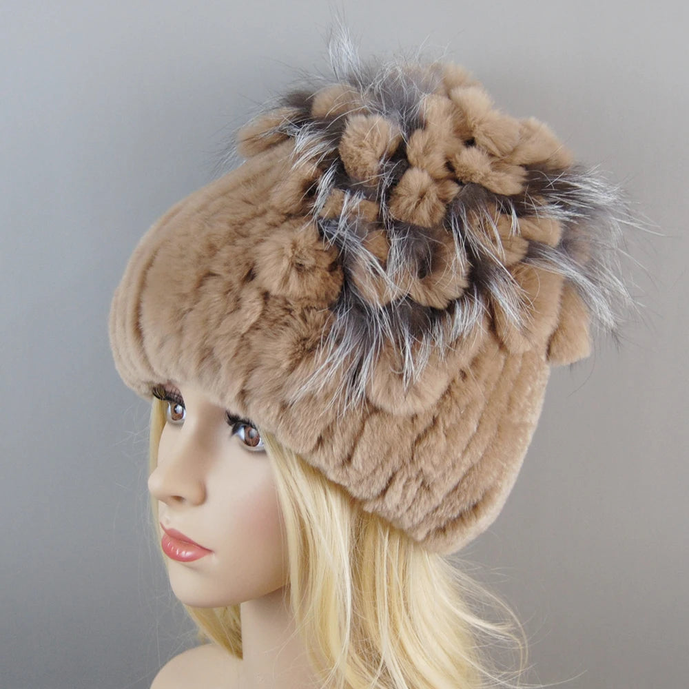 NONECN Luxury Women Rex Rabbit Fox Fur Hat Cap Warm