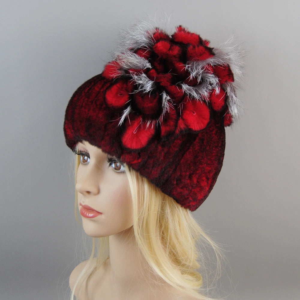 NONECN Luxury Women Rex Rabbit Fox Fur Hat Cap Warm