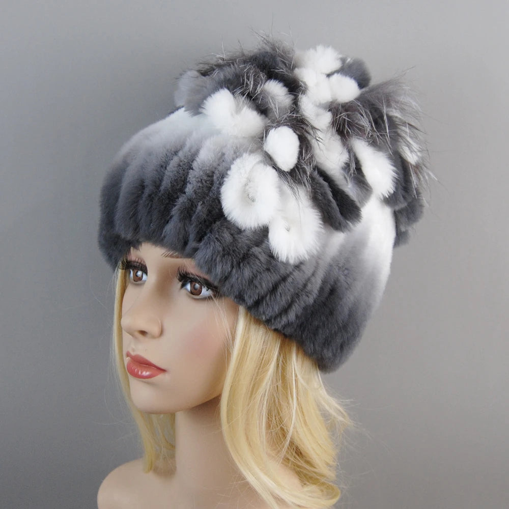 NONECN Luxury Women Rex Rabbit Fox Fur Hat Cap Warm