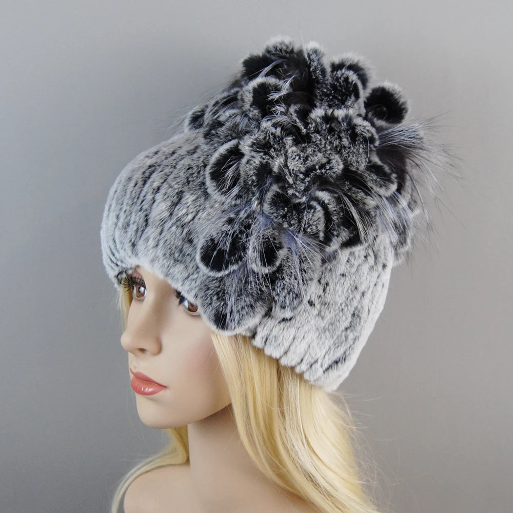 NONECN Luxury Women Rex Rabbit Fox Fur Hat Cap Warm