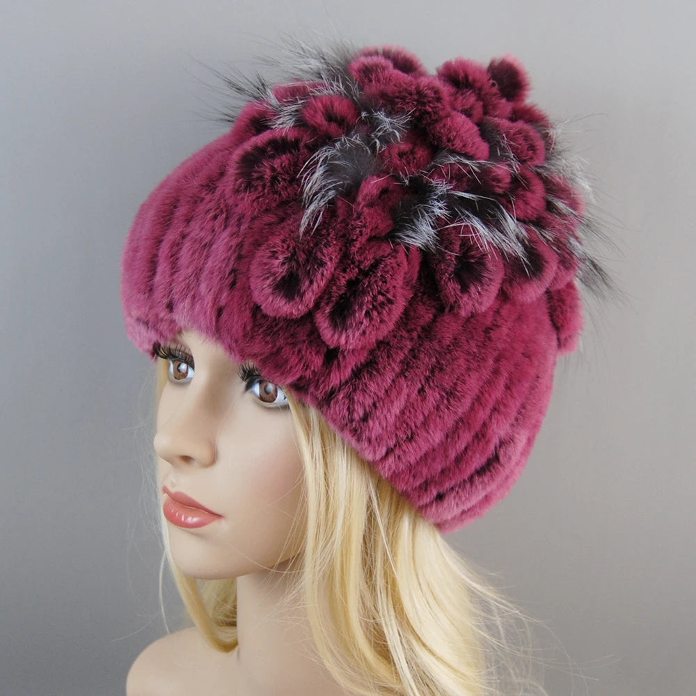 NONECN Luxury Women Rex Rabbit Fox Fur Hat Cap Warm