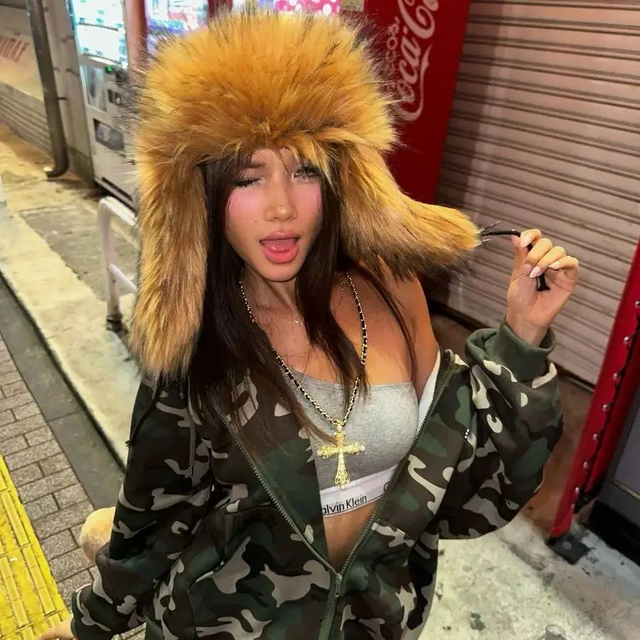 Winter Faux Fur Bomber Hat For Women Russian Style Beanie