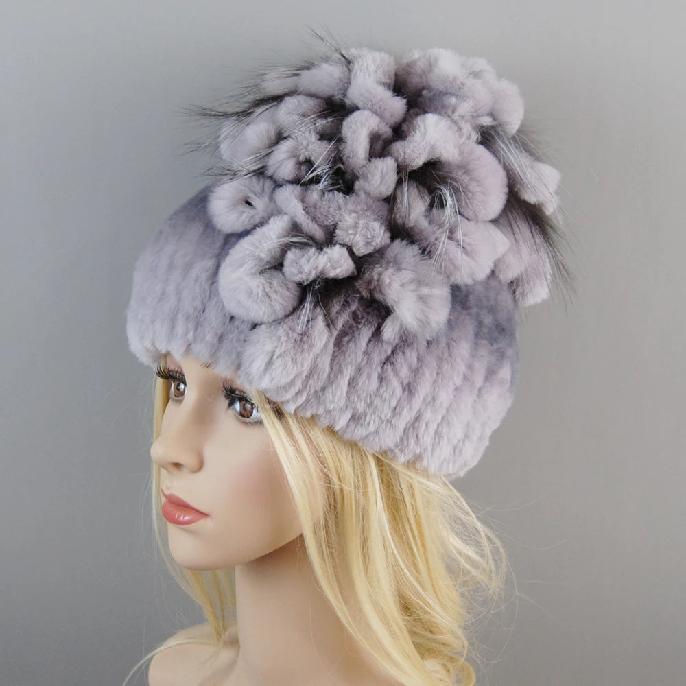 NONECN Luxury Women Rex Rabbit Fox Fur Hat Cap Warm
