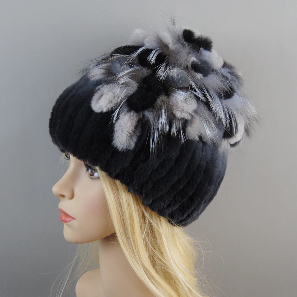 NONECN Luxury Women Rex Rabbit Fox Fur Hat Cap Warm