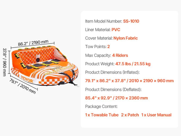 Towable Tube For Boating 4 Riders Water Sports 680lbs