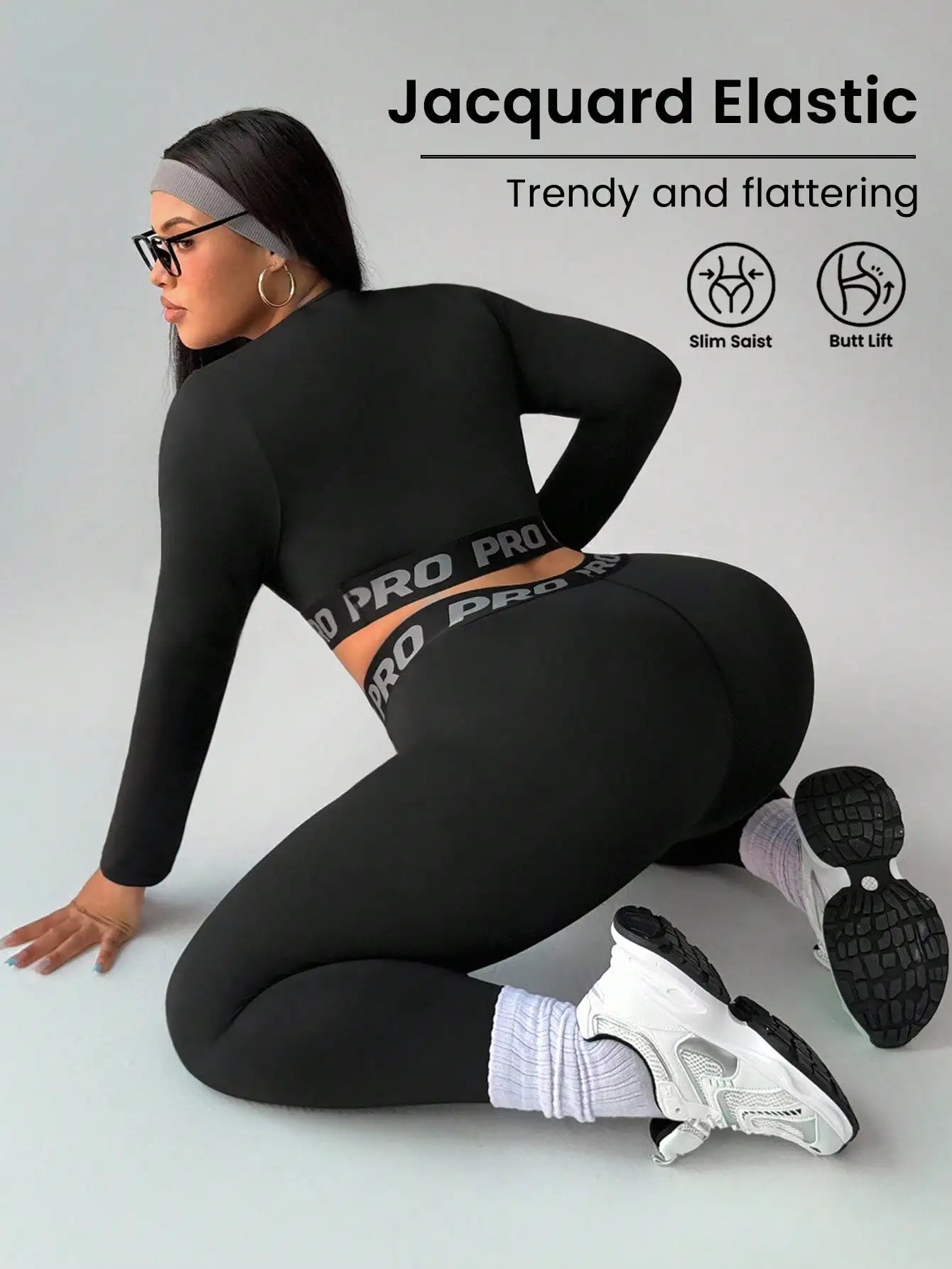Womens Jacquard Elastic Crop Top And Leggings Set Workout
