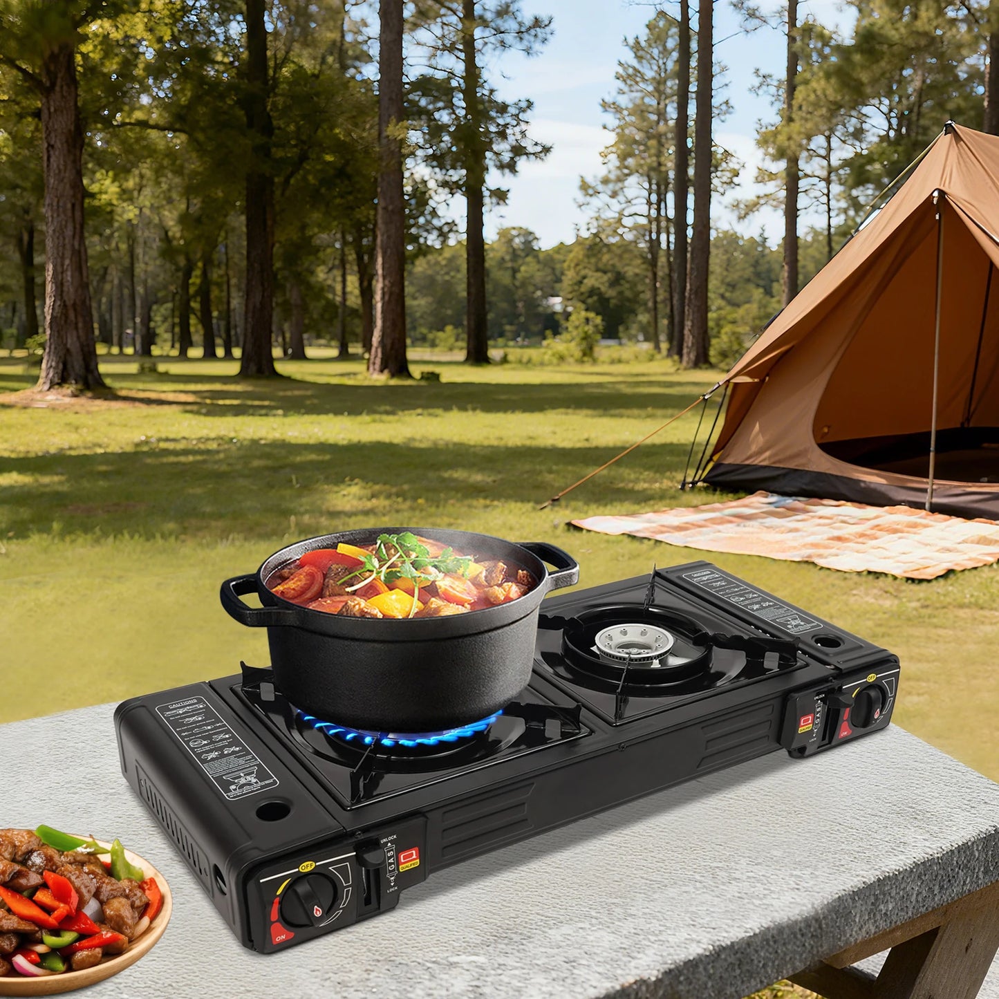 NONED 2 Burner Portable Camping Stove Kit With Baking Pan