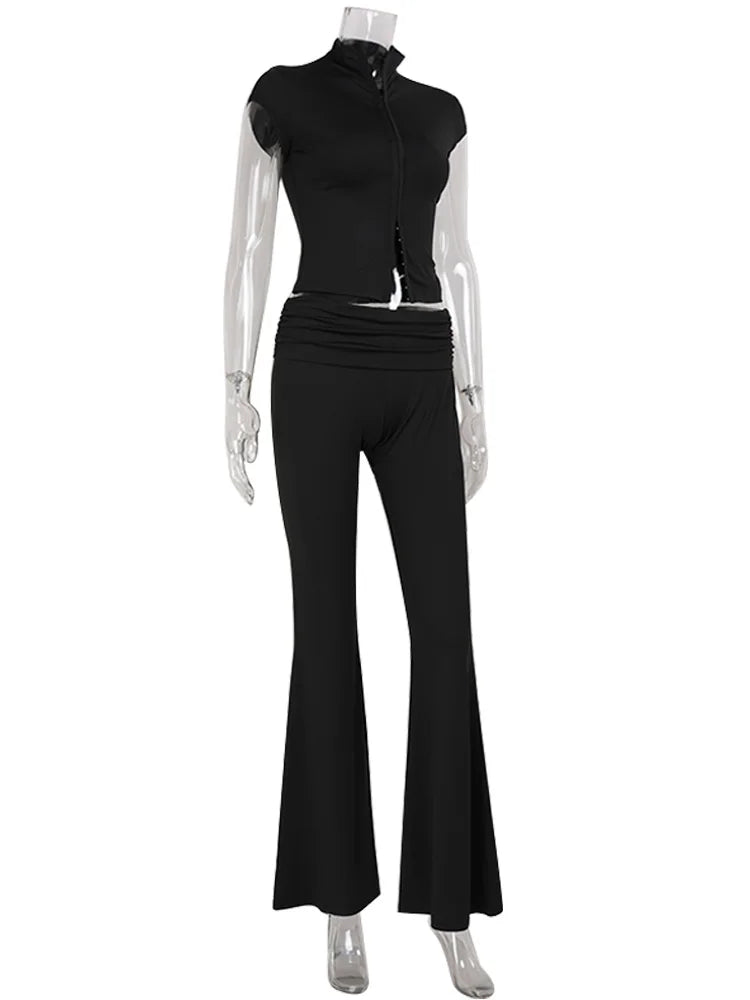 Ahagaga Slim Hollow Out Zip Set Tops And Pants Women