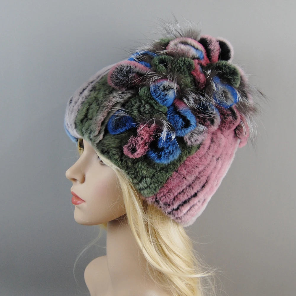 NONECN Luxury Women Rex Rabbit Fox Fur Hat Cap Warm