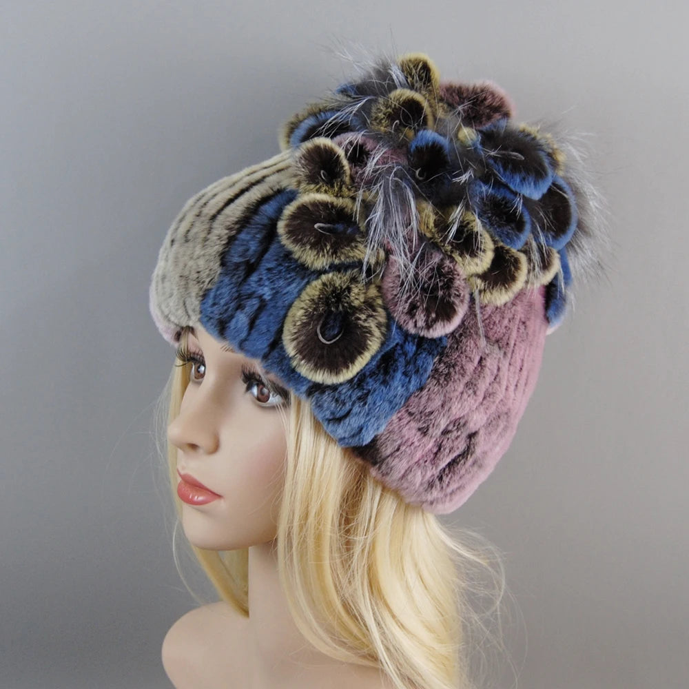 NONECN Luxury Women Rex Rabbit Fox Fur Hat Cap Warm