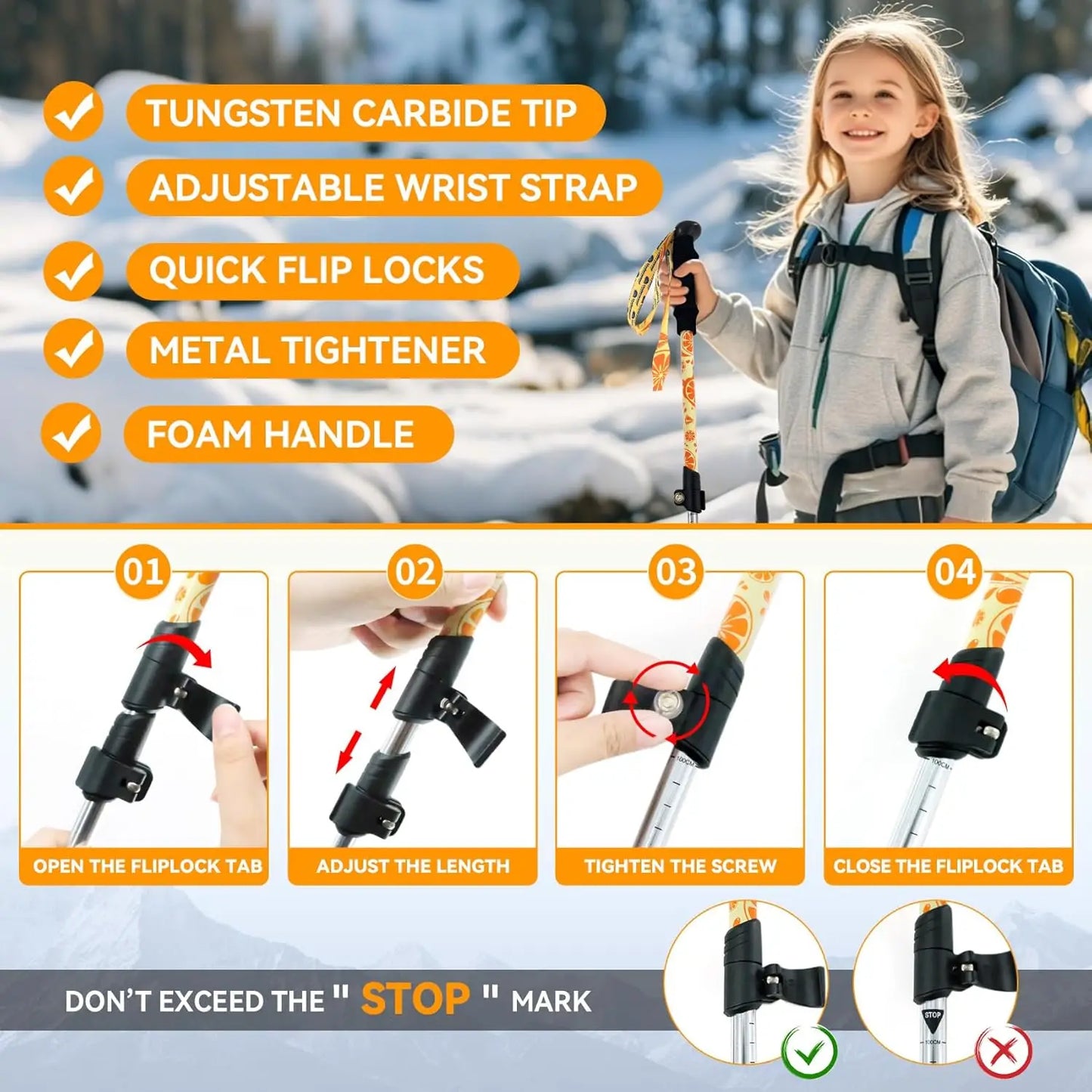 XMSJ Kids Collapsible Hiking Poles 2-Pack Aluminum Trekking Sticks