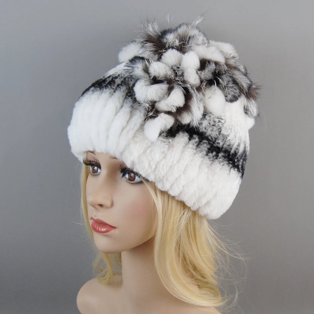 NONECN Luxury Women Rex Rabbit Fox Fur Hat Cap Warm
