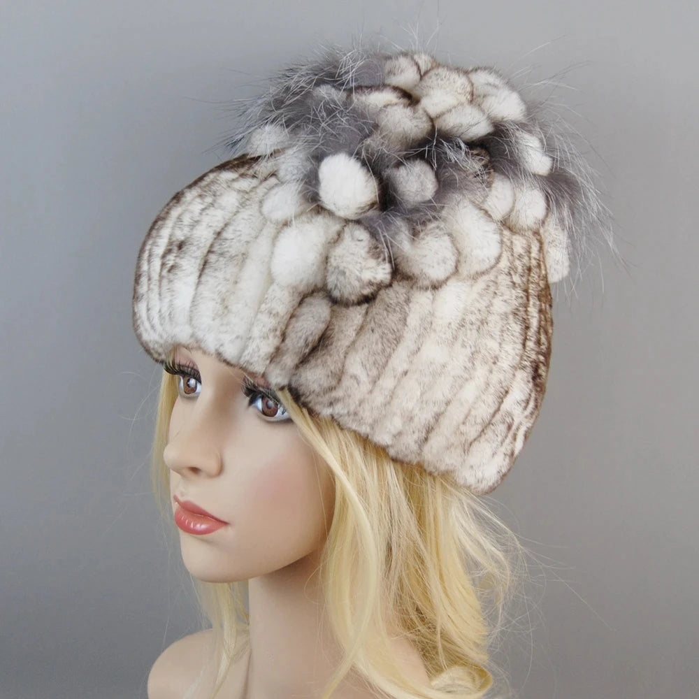 NONECN Luxury Women Rex Rabbit Fox Fur Hat Cap Warm