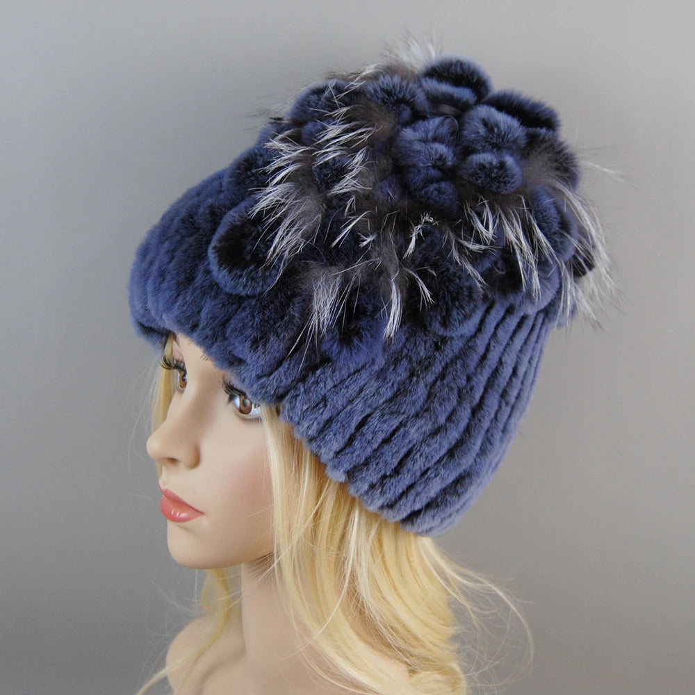 NONECN Luxury Women Rex Rabbit Fox Fur Hat Cap Warm