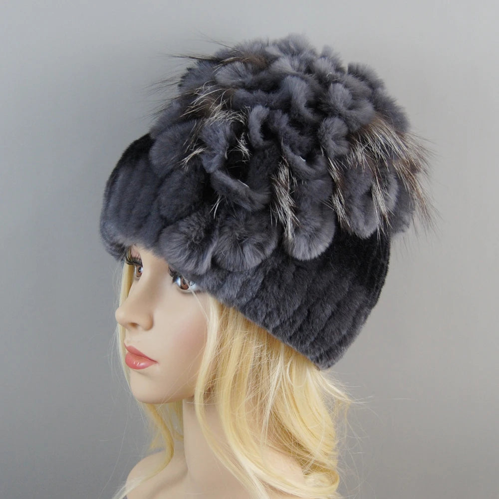 NONECN Luxury Women Rex Rabbit Fox Fur Hat Cap Warm