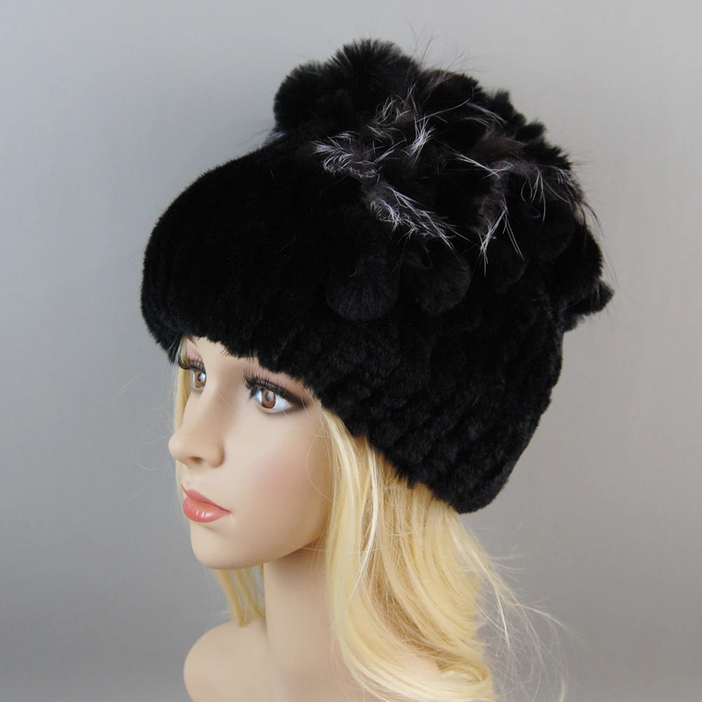 NONECN Luxury Women Rex Rabbit Fox Fur Hat Cap Warm
