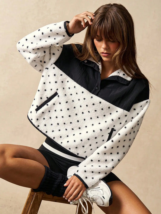 Polka Dot Color Blocked Fleece Jacket With Pockets For Women