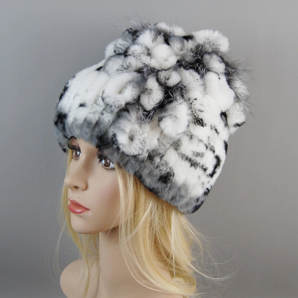 NONECN Luxury Women Rex Rabbit Fox Fur Hat Cap Warm