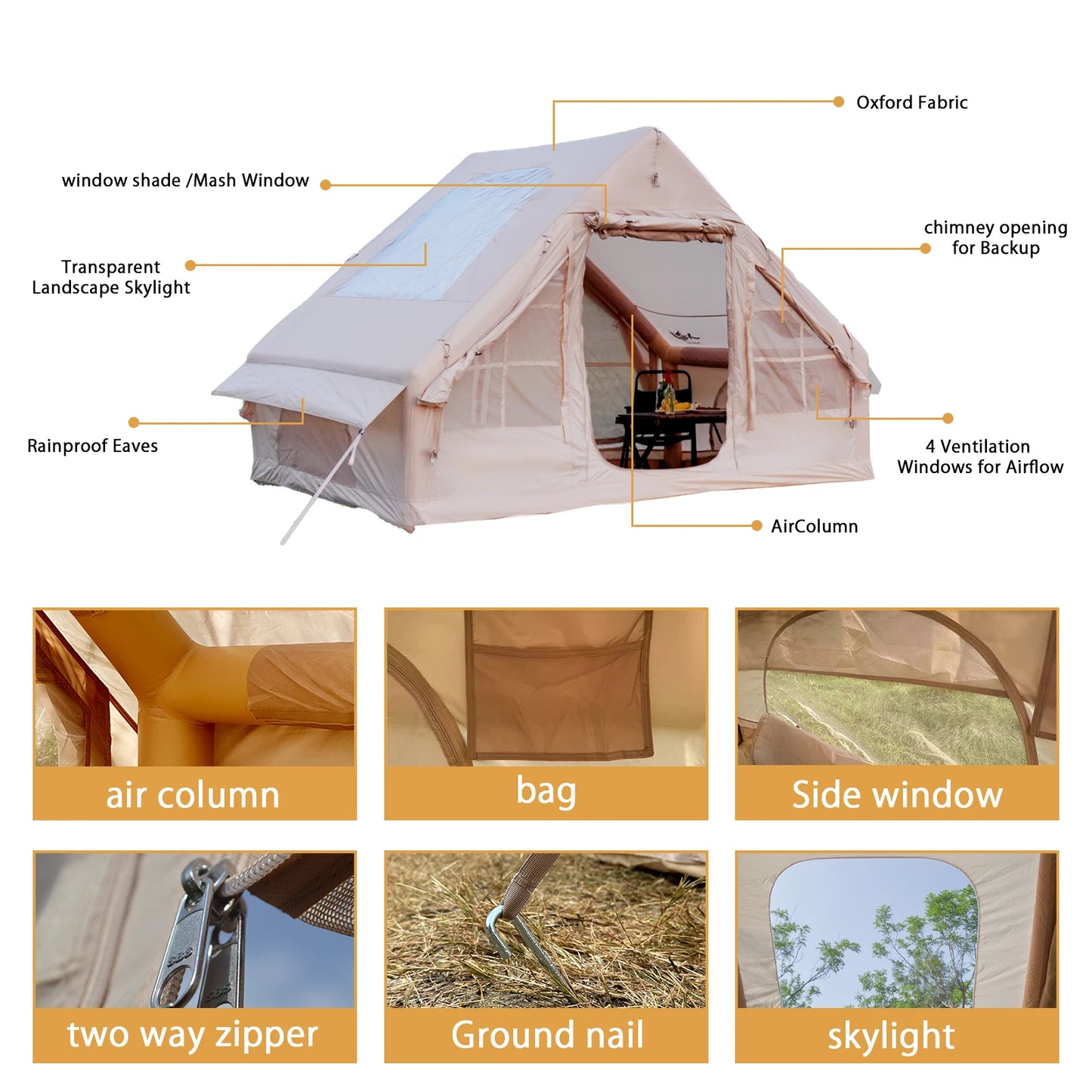 Pakicetus Inflatable Tent With Skylight Quick Setup Family Camp Tent