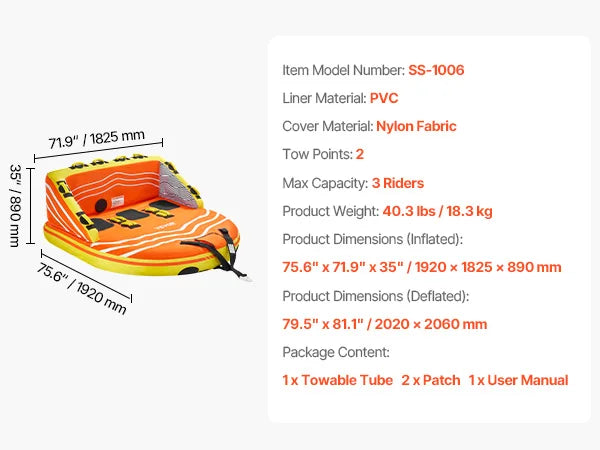 Towable Tube For Boating 4 Riders Water Sports 680lbs